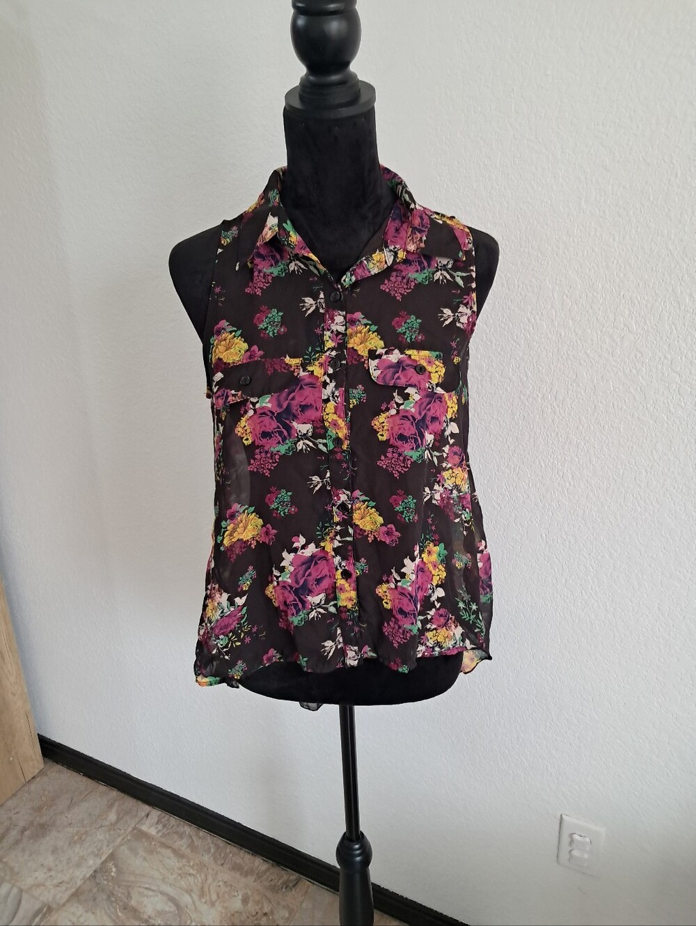 Eyeshadow Sheer Blouse Button Up Black Floral Sleeveless Whimsigoth Lagenlook